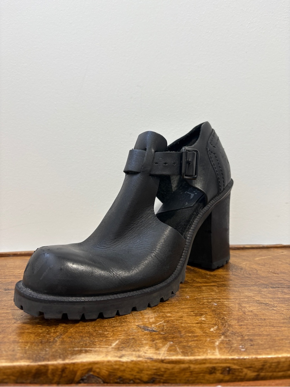 Vintage Genuine Leather Black Chunky Heel Mary Jane Pump